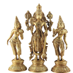 Brass Lord Vishnu with Bhudevi & Sridevi | 13" x 5.8" x 3.9" (33 x 14.7 x 9.9 cm) | 6.9 kg Sacred Art | Divine Trinity Murti